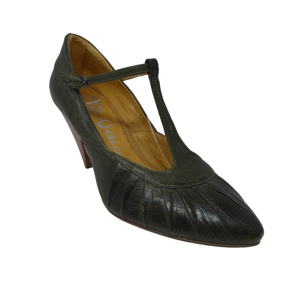 Jeffrey Campbell Sly Green Leather T-Strap Almond Toe Heels Pumps‎